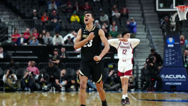 Mar 15, 2024; Las Vegas, NV, USA; Colorado Buffaloes forward Tristan da Silva (23) celebrates in the second half against the Washington State Cougars at T-Mobile Arena. Mandatory Credit: Kirby Lee-USA TODAY Sports